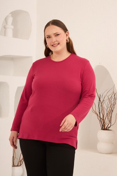 RMG Yırtmaç Detaylı Bisiklet Yaka Kadın Büyük Beden Basic Triko Fuşya