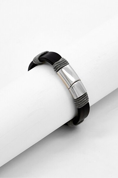 Steeltime Men Leather Bracelet With Grey Thread And Stainless Steel Clasp, Black