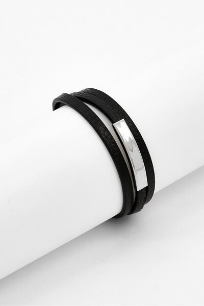 Steeltime Men Leather and Stainless Steel Bracelet, Black