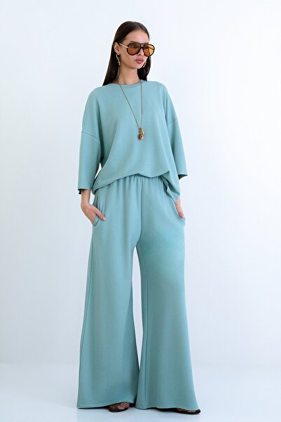 Trend Alaçatı Stili Women's Aqua Green Crew Neck Three-Quarter Sleeve Modal B...