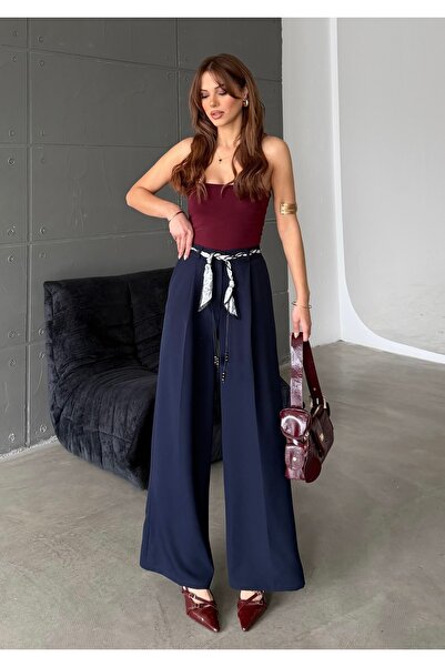 BEJNA Γυναικείο υφαντό παντελόνι με λεπτομέρεια φουλάρι, φαρδιά μπατζάκια και...