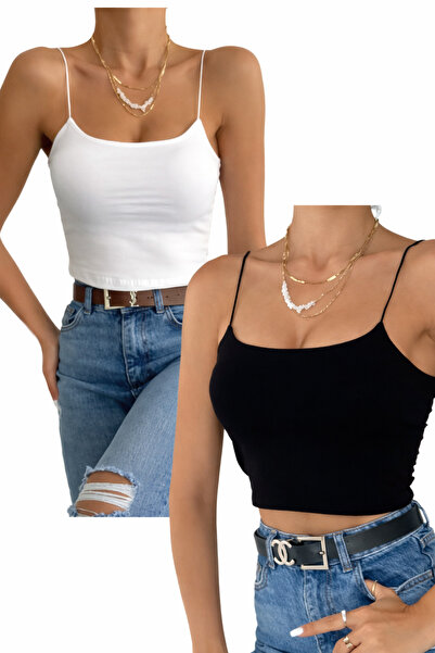 Velarise 1. Kalite Askılı Crop Büstiyer Penye Bluz 2’li Set