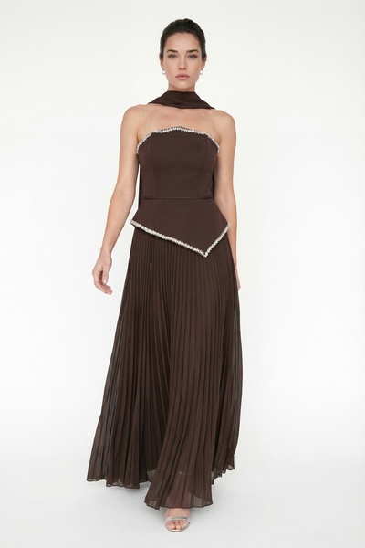 Lafaba Women's Brown Slim Fit Shawl Collar Pleated Long Evening Dress