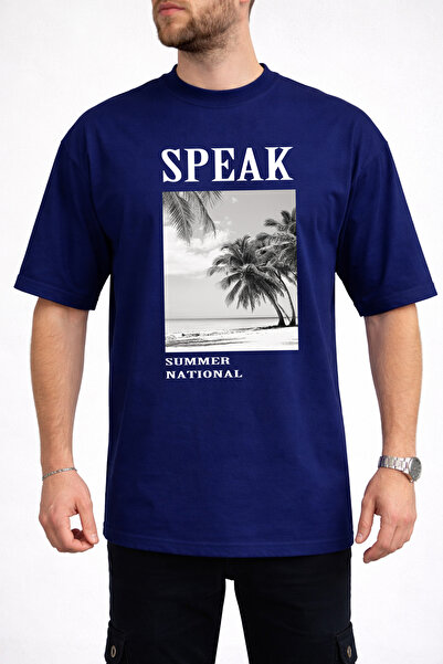 caddekombin Men's Modern Summer Themed Speak Text Printed Crew Neck Navy Blue...