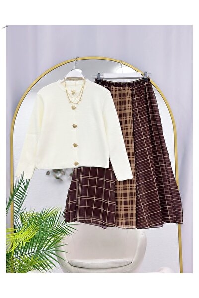 YEDİLALE Plaid Piecewise Flared Skirt Knitted Cardigan Dual Set [Only the Ski...