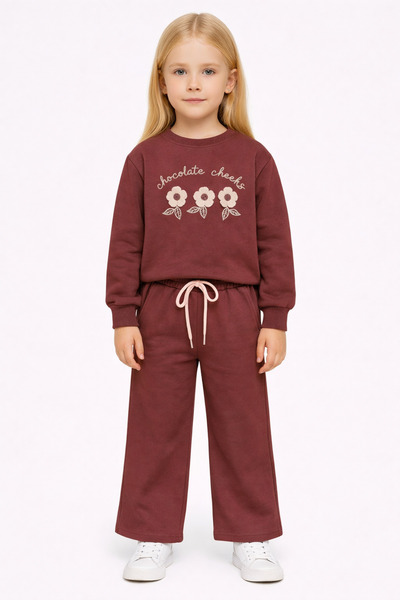 zepkids Crew Neck Daisy Embroidered Burgundy Color Girls' Tracksuit Set
