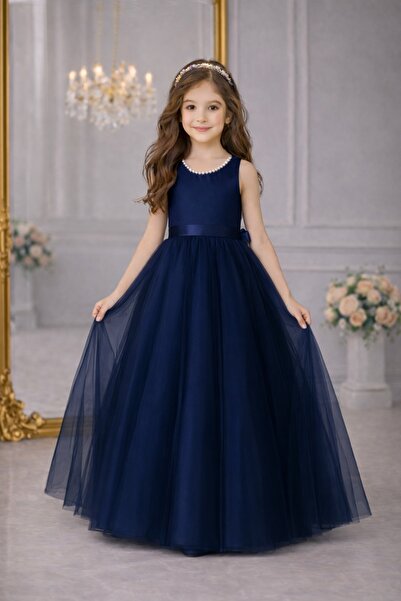 SUNEH Kız Çocuk Yaka İnci Detaylı Lacivert Balo Doğum Günü Mezuniyet Parti Ab...