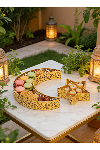 Pomefar 2pcs Ramadan Tray Set, Moon and Star Shapes Gold Ramadan Plate, Metal...