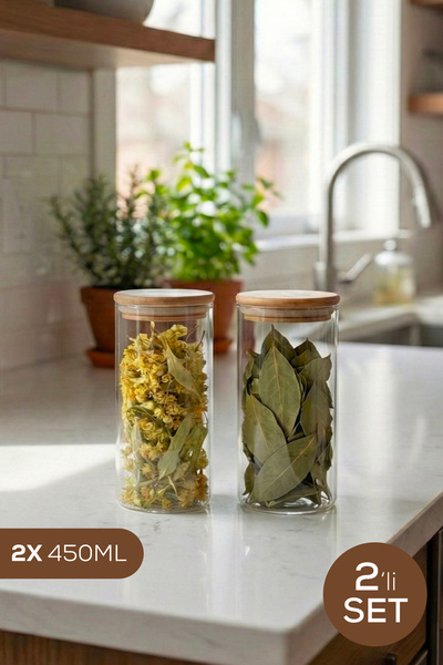 Vienev Set of 2 Glass Jars with Bamboo Lids 450 ml - Food Organizer Storage C...