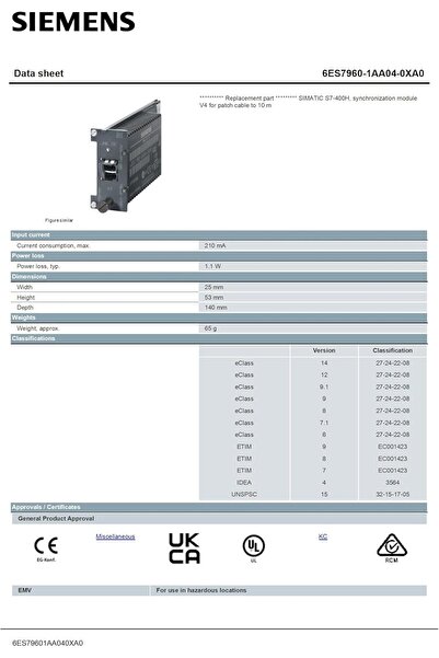Siemens 6ES79601AA040XA0, SIMATIC S7-400H, synchronization module V4