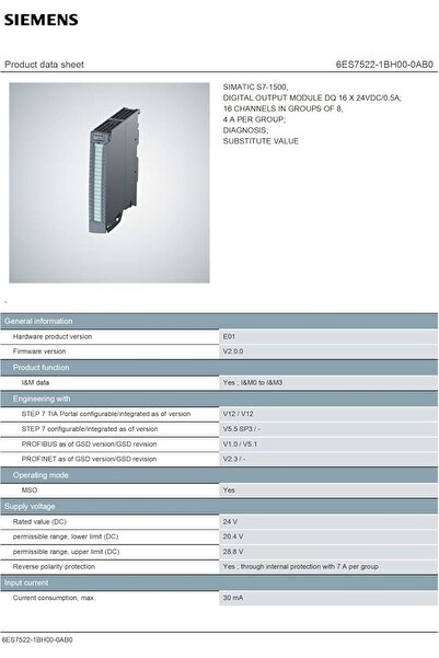 Siemens 6ES75221BH000AB0, SIMATIC S7-1500, Digital output module DQ16xDC 24V/...