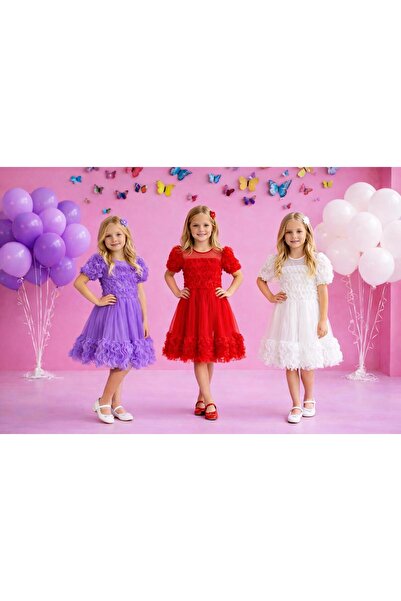 Dıgıl Kids Kız Çocuk Elbise Doğum Günü Düğün Bayram Gösteri Lila Kırmızı Beyaz