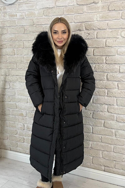 Muna Boutique Imported Black Long Women's Inflatable Coat with Fur Collar