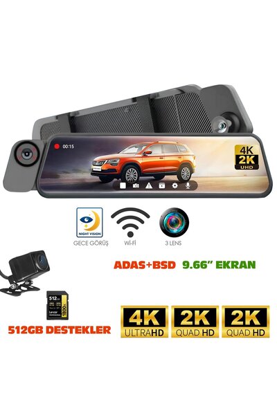 Navimex DVR-414 9.66'' DVR Dikiz Aynalık Araç Kamerası Kayıtlı Adas+Bsd 3 Kam...