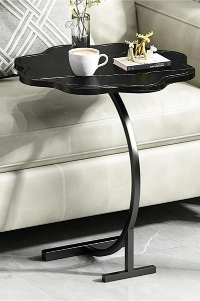 N.zone Modern black marble side table with a stable curved metal base, multi-...