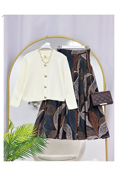 YEDİLALE Abstract Pattern Zippered Skirt and Knitted Cardigan Dual Set[Includ...