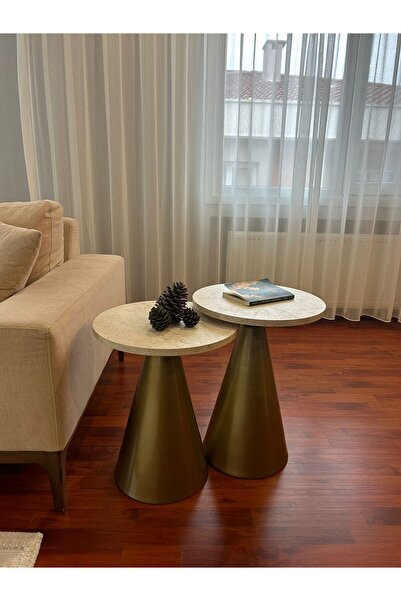 desping Bottle 2'li Mantar Bohem Modern Sehpa Traverten Suntalam Tabla Alümin...