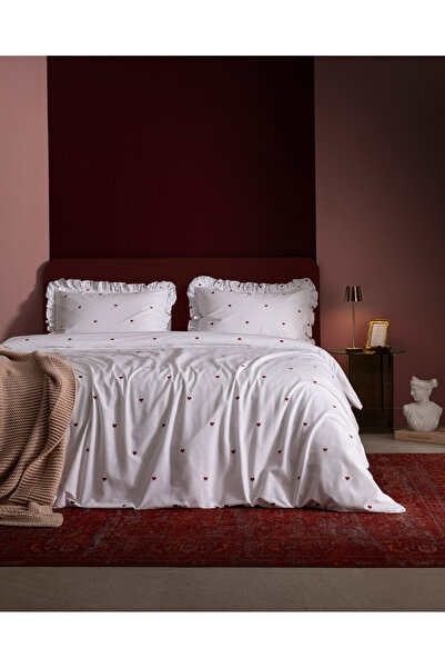 Madame Coco Eternel Single 100% Cotton Ruffled Printed Duvet Cover Set - White