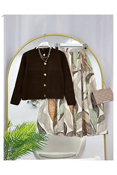 YEDİLALE Abstract Pattern Zippered Skirt and Knitted Cardigan Dual Set[Includ...