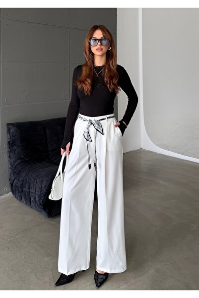 BEJNA Γυναικείο υφαντό παντελόνι με λεπτομέρεια φουλάρι, φαρδιά μπατζάκια και...