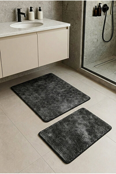 Geus Halı Bathroom Mat Set of 2 Anthracite Soft Non-Slip Base Washable Stain ...