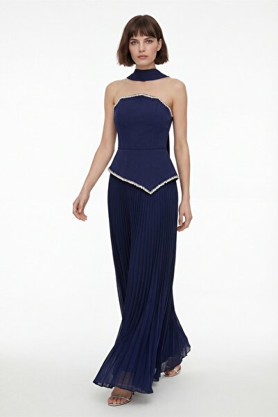 Lafaba Women's Navy Blue Slim Fit Shawl Collar Pleated Long Evening Dress