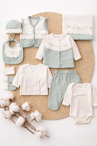 BYS BABY FASHION طقم ملابس للمستشفى مكون من 10 قطع مطرزة بالزهور مصنوعة من ال...