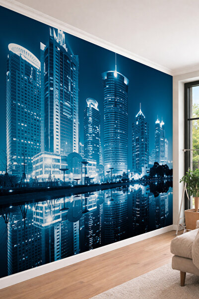 dreamwall Gece Şehir Manzaralı Gökdelen ve Su Yansımalı Tek Parça Tekstil Duv...