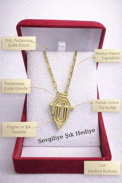 Sobe Hediyelik قلادة بأشكال هندسية من الفولاذ المقاوم للصدأ - مرصعة بحجر الزر...