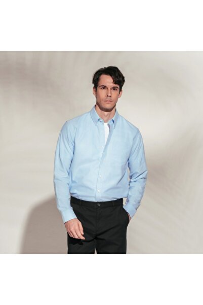 Giordano قميص رجالي بأكمام طويلة من قماش أكسفورد مقاوم للتجاعيد