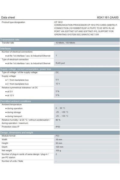Siemens 6GK1161-2AA00, COMMUNICATION PROCESSOR CP 1612 PCI CARD (32BITS) F
