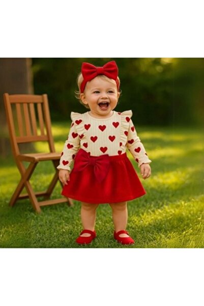 cacobutik Baby Girl Bow Detailed Heart Ruffle Skirt Body Bandana 3-Piece Comb...