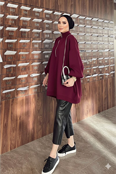 Rimel Moda Fermuarlı Triko Tunik Bordo