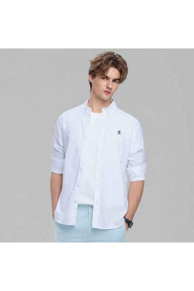 Giordano قميص رجالي بأكمام طويلة بنقشة أسد أكسفورد ضيقة