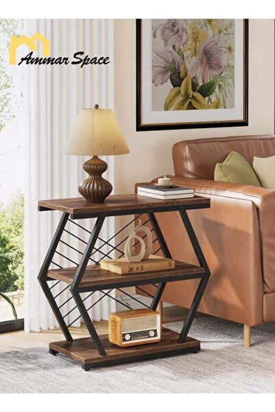 Ammar Space Industrial 3-Tier Side Table Wood & Black Metal Frame Living Room...