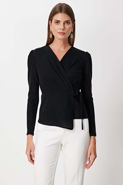 Mi Pret a Porter Mi Yandan Bağlamalı Kruvaze Yaka Simli Bluz
