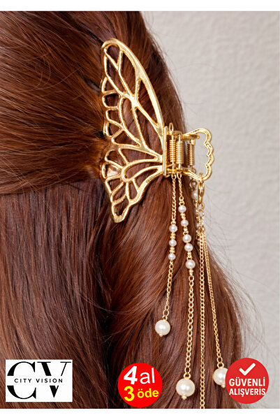 cityvision Μεταλλικό κλιπ μαλλιών με πεταλούδα και πέρλες, χρυσό χρώμα 7 εκ. ...
