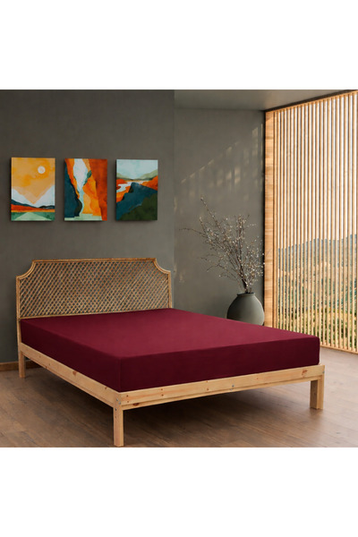 MODELHOME Burgundy Colored 100% Cotton Combed Fabric Single/Double Elastic Be...