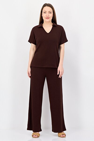 Aeropostale Women 2 Pieces Textured Short Sleeve Top And Bottom Set, Brown