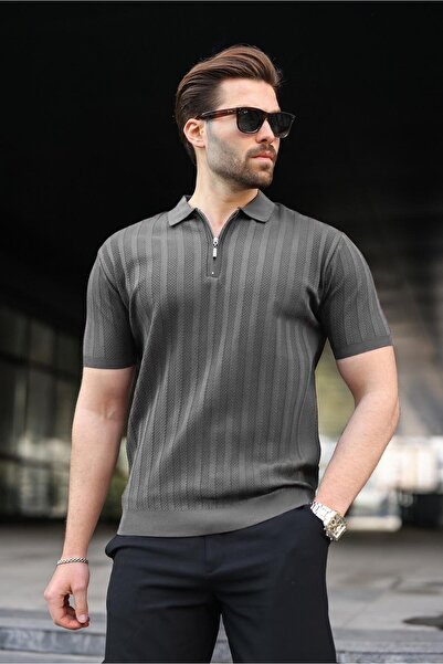 Madmext Anthracite Half Zip Polo Collar Men's Knitwear T-Shirt E7458