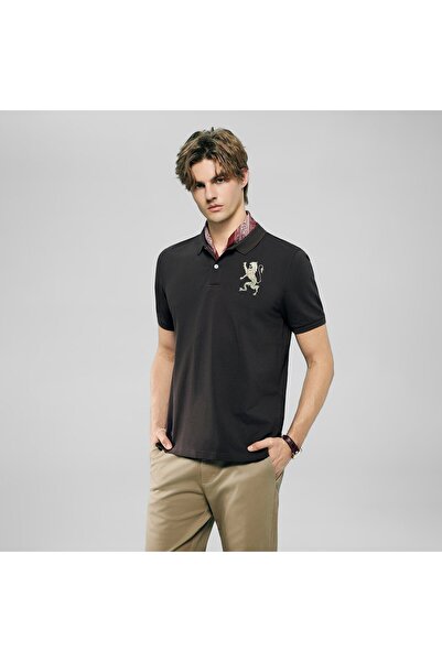 Giordano قميص بولو رجالي بقصة ضيقة وتطريز أسد ثلاثي الأبعاد من الليكرا بيكيه