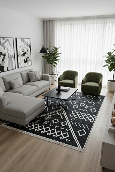 Lorvian Noletti Siyah Geometrik Desen Çift Taraflı Makinede Yıkanabilir Ev İç...