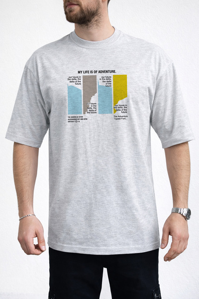 caddekombin Men's My Life Is of Adventure Text Printed Crew Neck Gray T-Shirt
