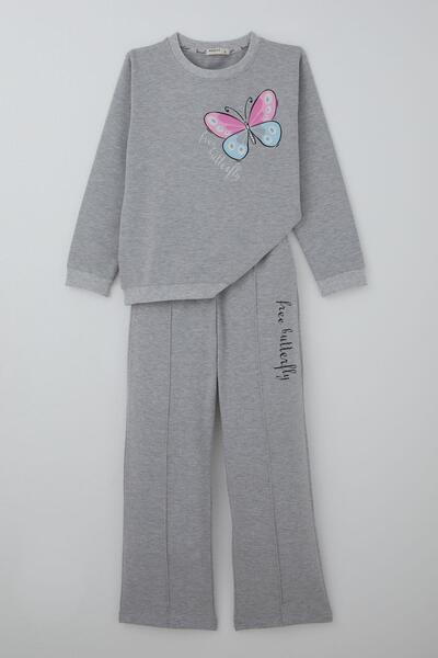 Breeze Girl's Tracksuit Set with Butterfly Printed Trousers and Grass Stitchi...