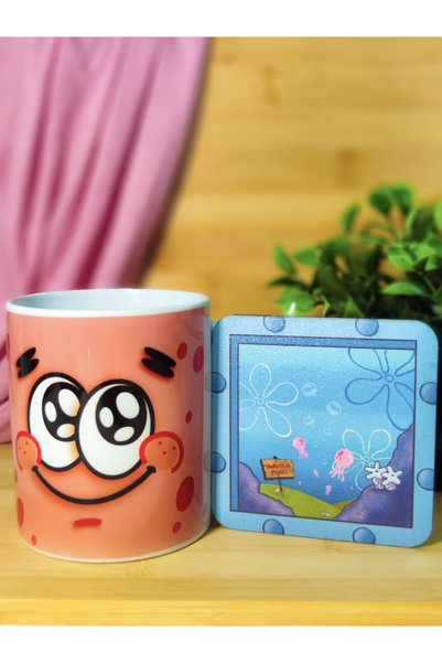kuttuushop Süngerbob Patrick'li Kupa Bardak Kahve Çay Fincanı ve Bardak Altı