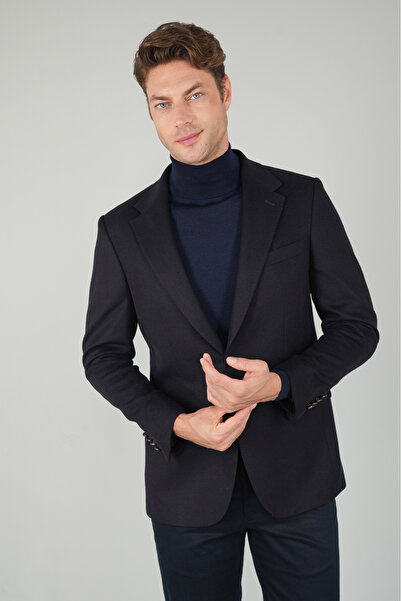 Bisse Comfort Fit Navy Blue Mono Collar Double Slit 6 Drop Wool Men's Jacket