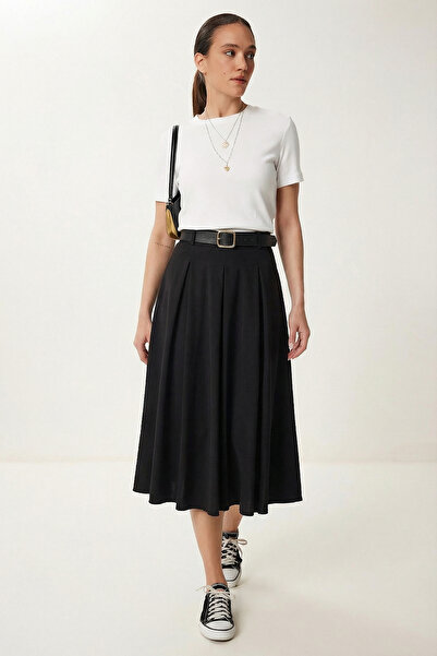 Lovelyİstanbul Belted Slit Midi Woven Skirt Lby0046 Black