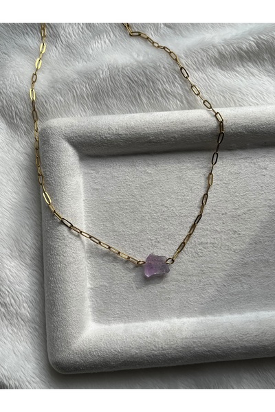 Pel Design Raw Amethyst Stone Steel Necklace Handmade / Does Not Tarnish