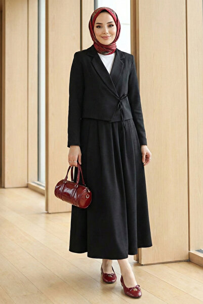 Kirazgym Women's Tie-Front Skirt and Jacket Double Hijab Set - Black