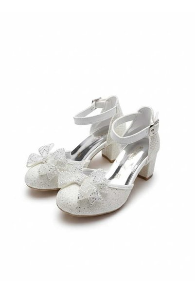 SGF KIDS White Broken Glass Stone Bow-Tie Heeled Evening Dress Shoes